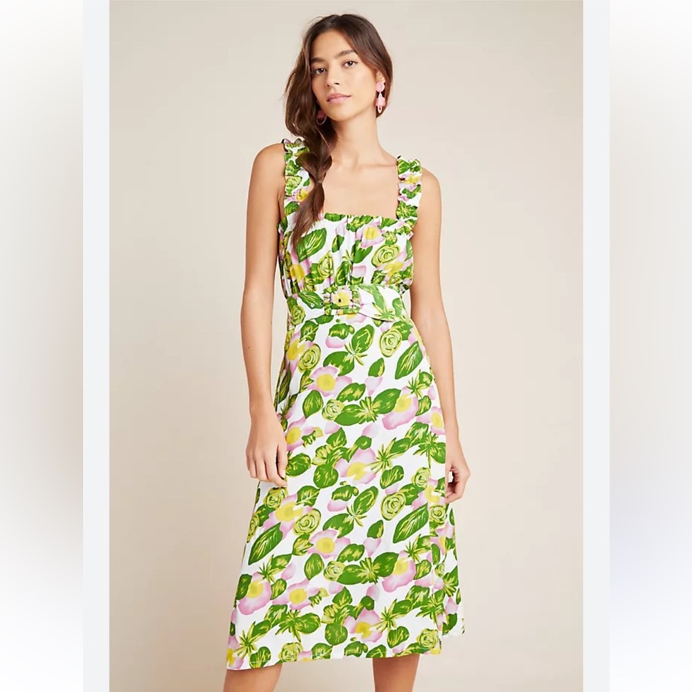 Faithful the Brand Anthropologie Mae Midi Dress Green and White Floral size 6